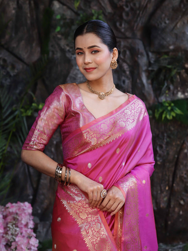 Banarasee Handloom Dual Shade Semi Silk Saree With Zari Buti Work & Border-Dark Pink