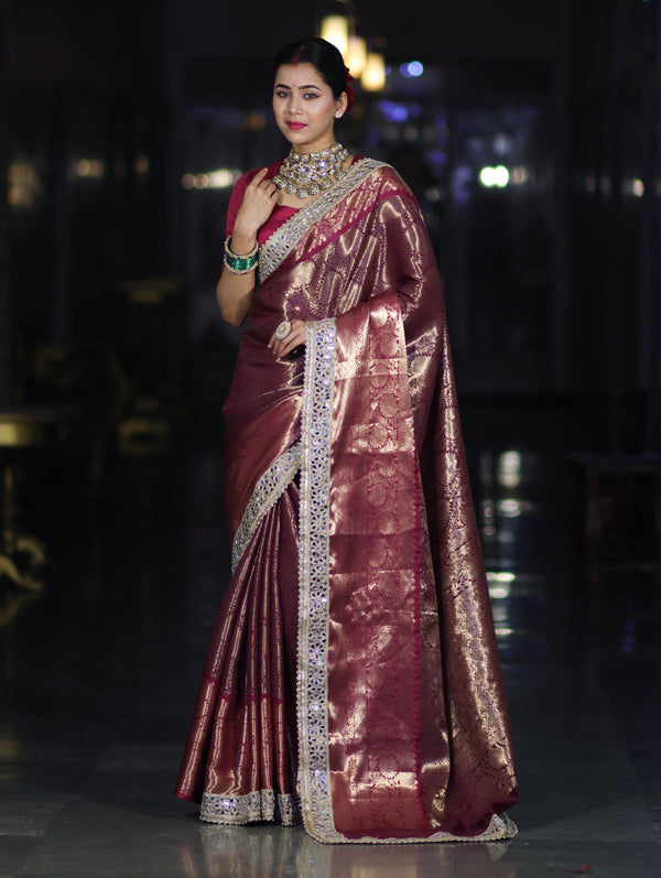 Banarasee Handwoven Tissue Saree With Zari Jaal Design Contrast Border & Lace-Magenta(Dual Tone)