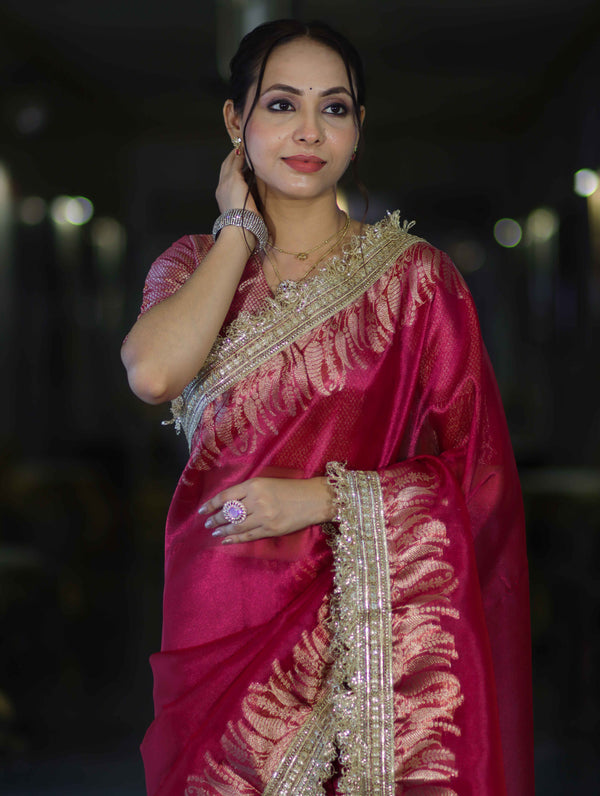 Banarasee Handloom Plain Tissue Saree With Zari Border & Lace-Magenta