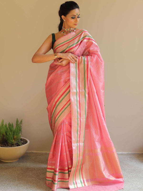 Banarasee Handwoven Semi Silk Plain Saree With Broad Zari & Resham Border-Pink