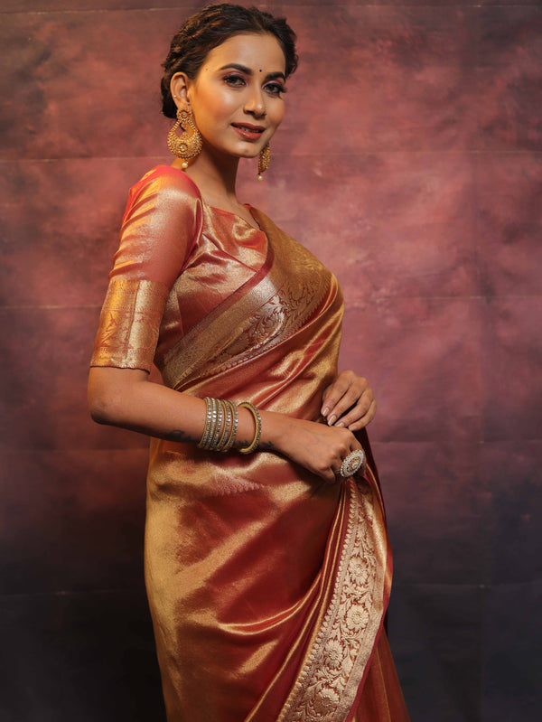 Banarasee Handwoven Plain Tissue Zari Border Saree-Rust