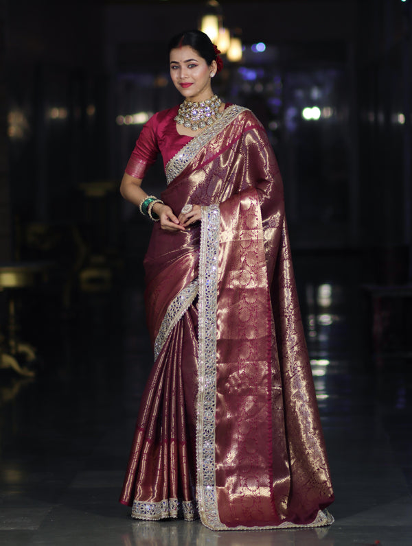 Banarasee Handwoven Tissue Saree With Zari Jaal Design Contrast Border & Lace-Magenta(Dual Tone)