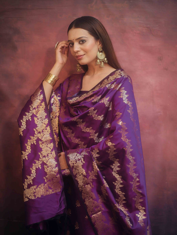 Banarasee Semi-Silk Salwar Kameez Fabric With Dupatta Set-Violet