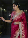 Banarasee Handloom Plain Tissue Saree With Zari Border & Lace-Magenta