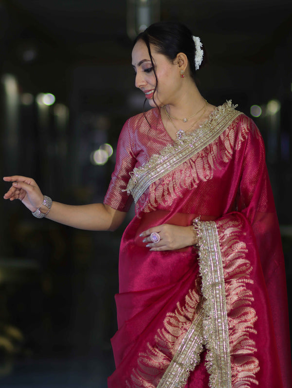 Banarasee Handloom Plain Tissue Saree With Zari Border & Lace-Magenta