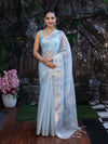 Banarasee Handloom Linen Tissue Saree With Silver Zari Stripes & Border-Light Blue