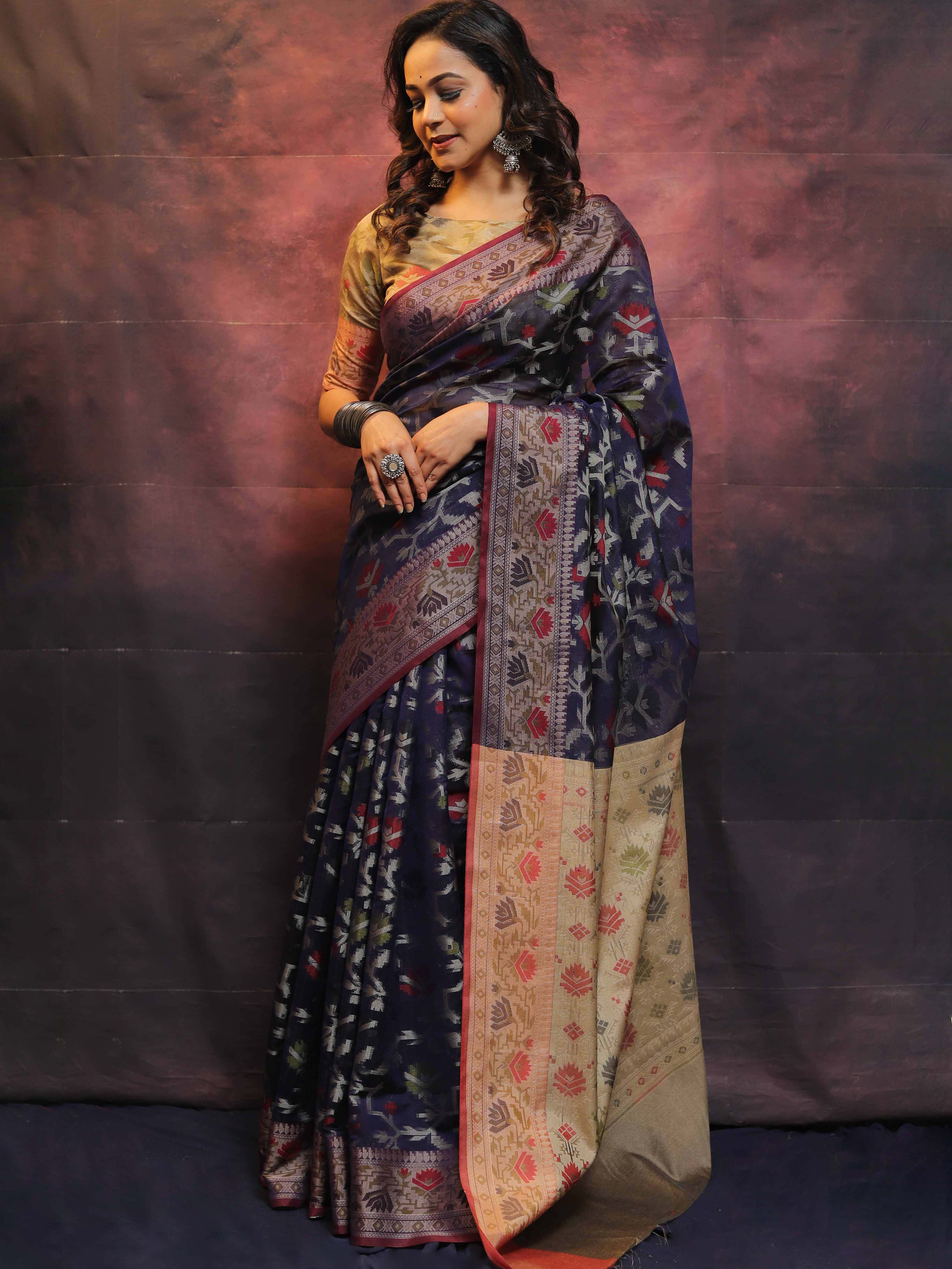 Banarasee Cotton Silk Jamdani Saree With Resham & Zari Design-Blue