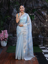 Banarasee Handloom Linen Tissue Saree With Silver Zari Stripes & Border-Light Blue