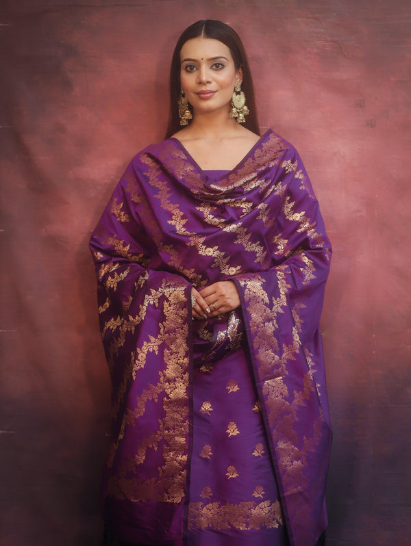 Banarasee Semi-Silk Salwar Kameez Fabric With Dupatta Set-Violet