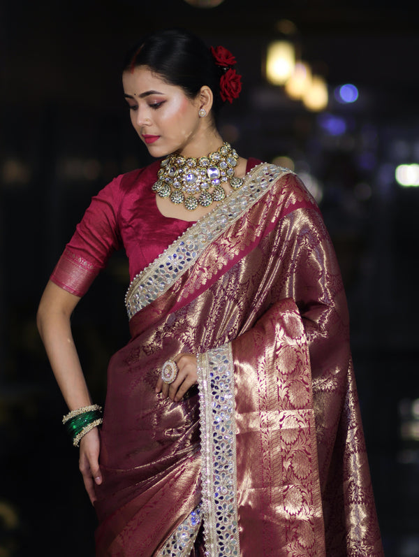 Banarasee Handwoven Tissue Saree With Zari Jaal Design Contrast Border & Lace-Magenta(Dual Tone)