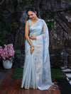 Banarasee Handloom Linen Tissue Saree With Silver Zari Stripes & Border-Light Blue