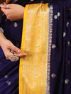 Banarasee Handwoven Semi Silk Saree With Zari Buti Design & Contrast Border-Navy Blue & Yellow