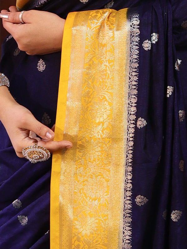 Banarasee Handwoven Semi Silk Saree With Zari Buti Design & Contrast Border-Navy Blue & Yellow