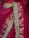 Banarasee Handloom Plain Tissue Saree With Zari Border & Lace-Magenta