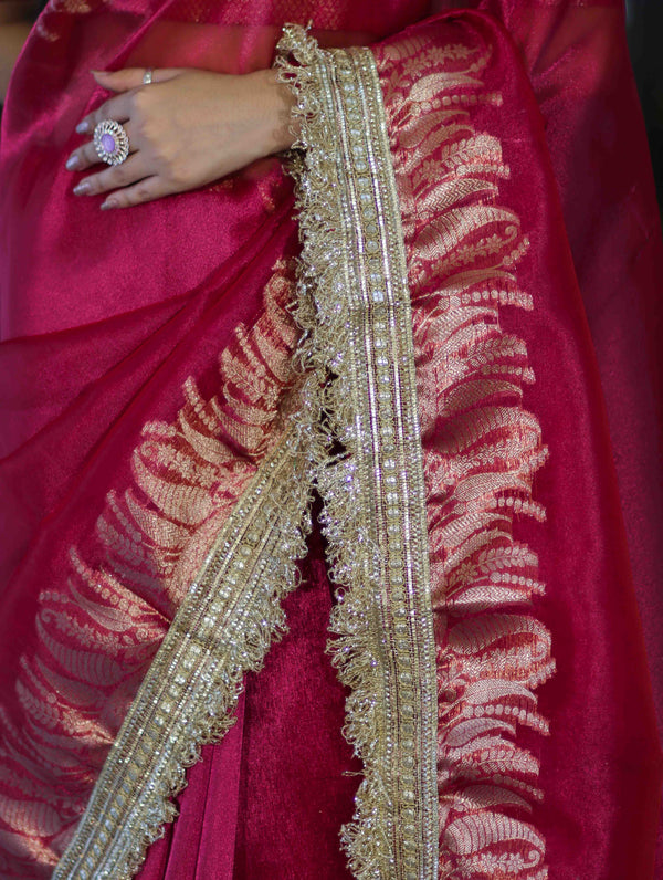 Banarasee Handloom Plain Tissue Saree With Zari Border & Lace-Magenta