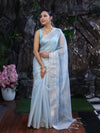 Banarasee Handloom Linen Tissue Saree With Silver Zari Stripes & Border-Light Blue