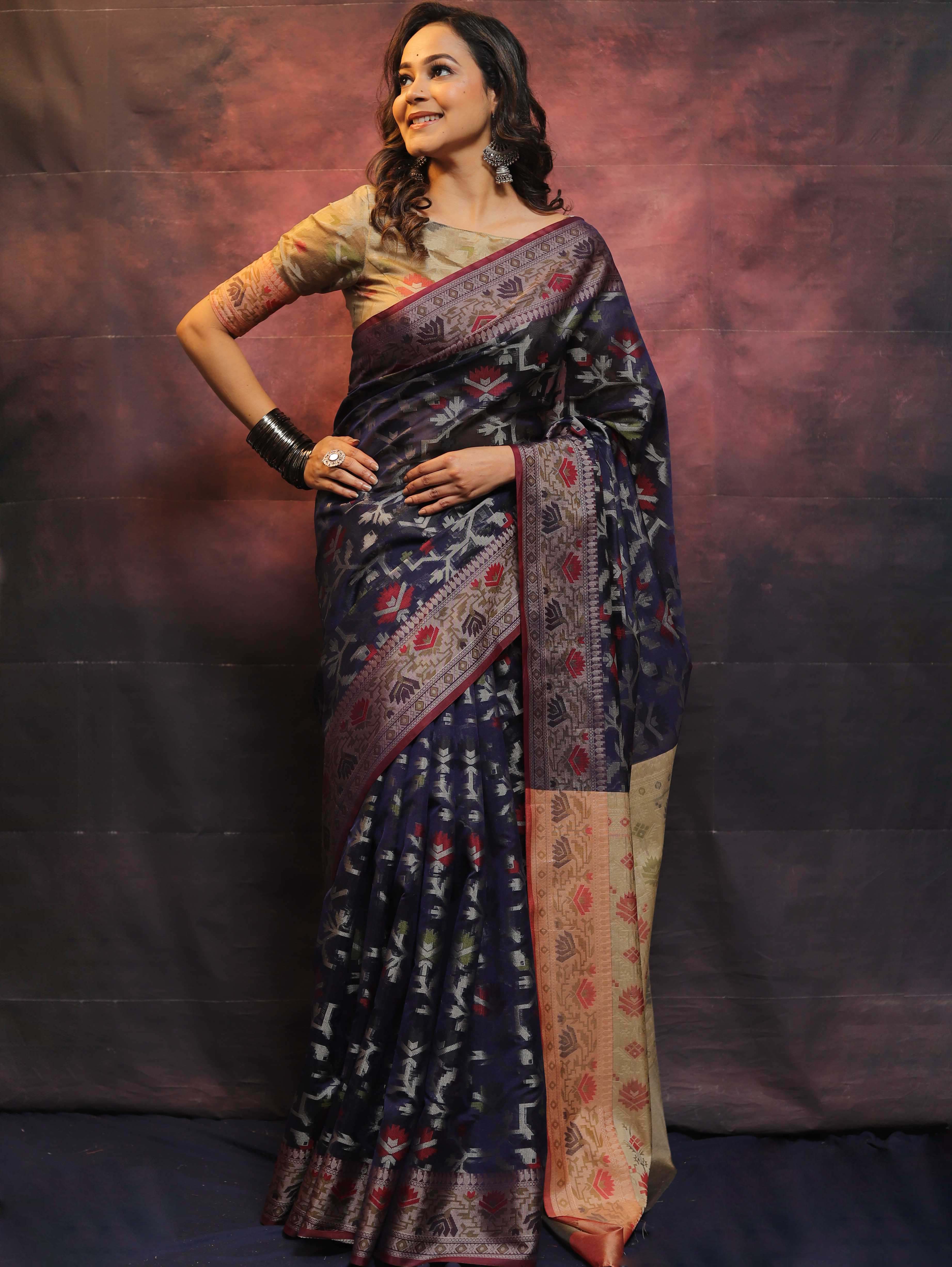Banarasee Cotton Silk Jamdani Saree With Resham & Zari Design-Blue