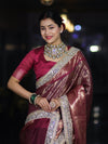 Banarasee Handwoven Tissue Saree With Zari Jaal Design Contrast Border & Lace-Magenta(Dual Tone)