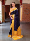 Banarasee Handwoven Semi Silk Saree With Zari Buti Design & Contrast Border-Navy Blue & Yellow