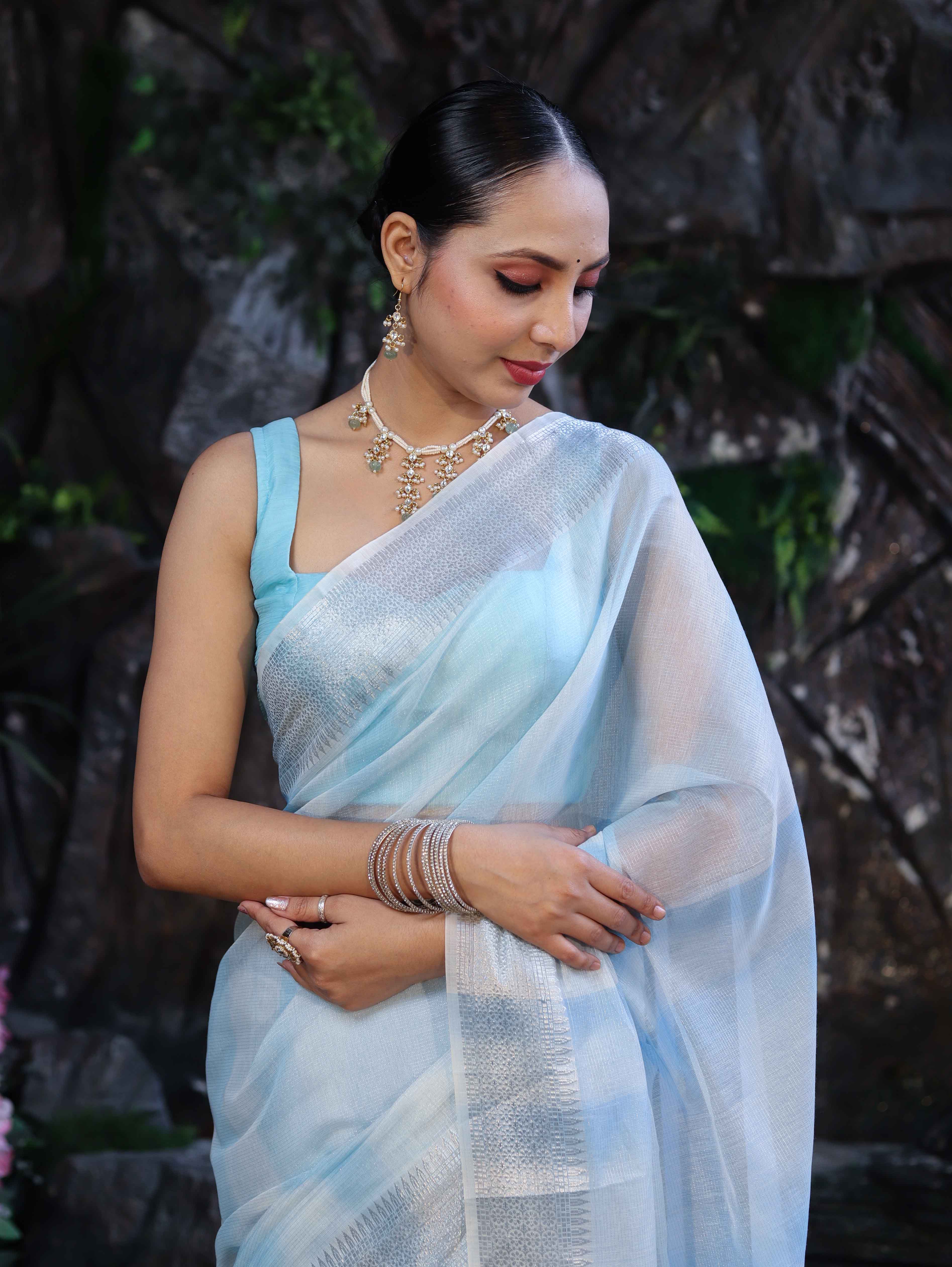 Banarasee Handloom Linen Tissue Saree With Silver Zari Stripes & Border-Light Blue