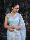 Banarasee Handloom Linen Tissue Saree With Silver Zari Stripes & Border-Light Blue