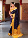 Banarasee Handwoven Semi Silk Saree With Zari Buti Design & Contrast Border-Navy Blue & Yellow