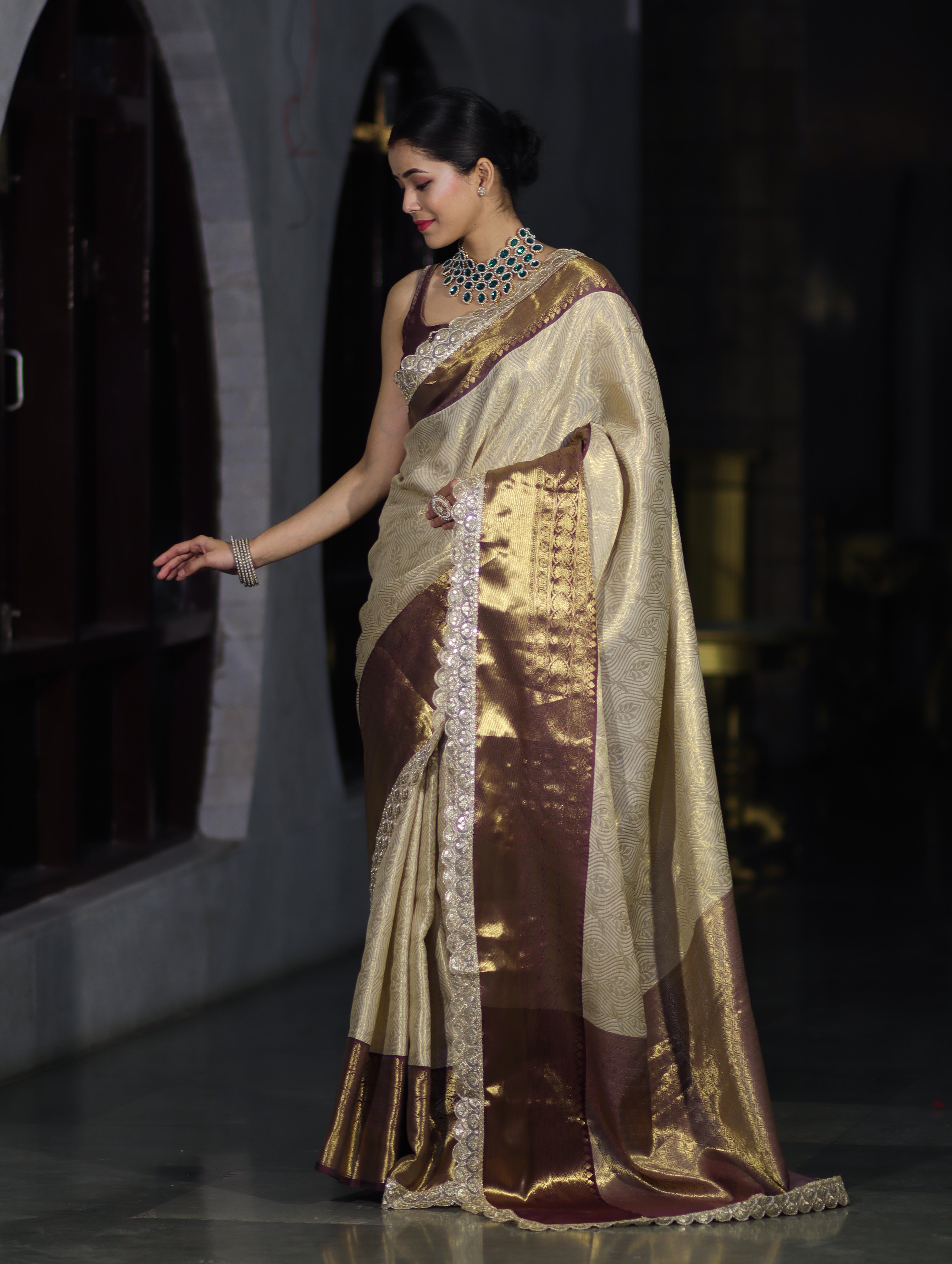 Banarasee Handwoven Tissue Saree With Zari Weaving Design Contrast Border & Lace-Beige & Brown