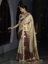 Banarasee Handwoven Tissue Saree With Zari Weaving Design Contrast Border & Lace-Beige & Brown