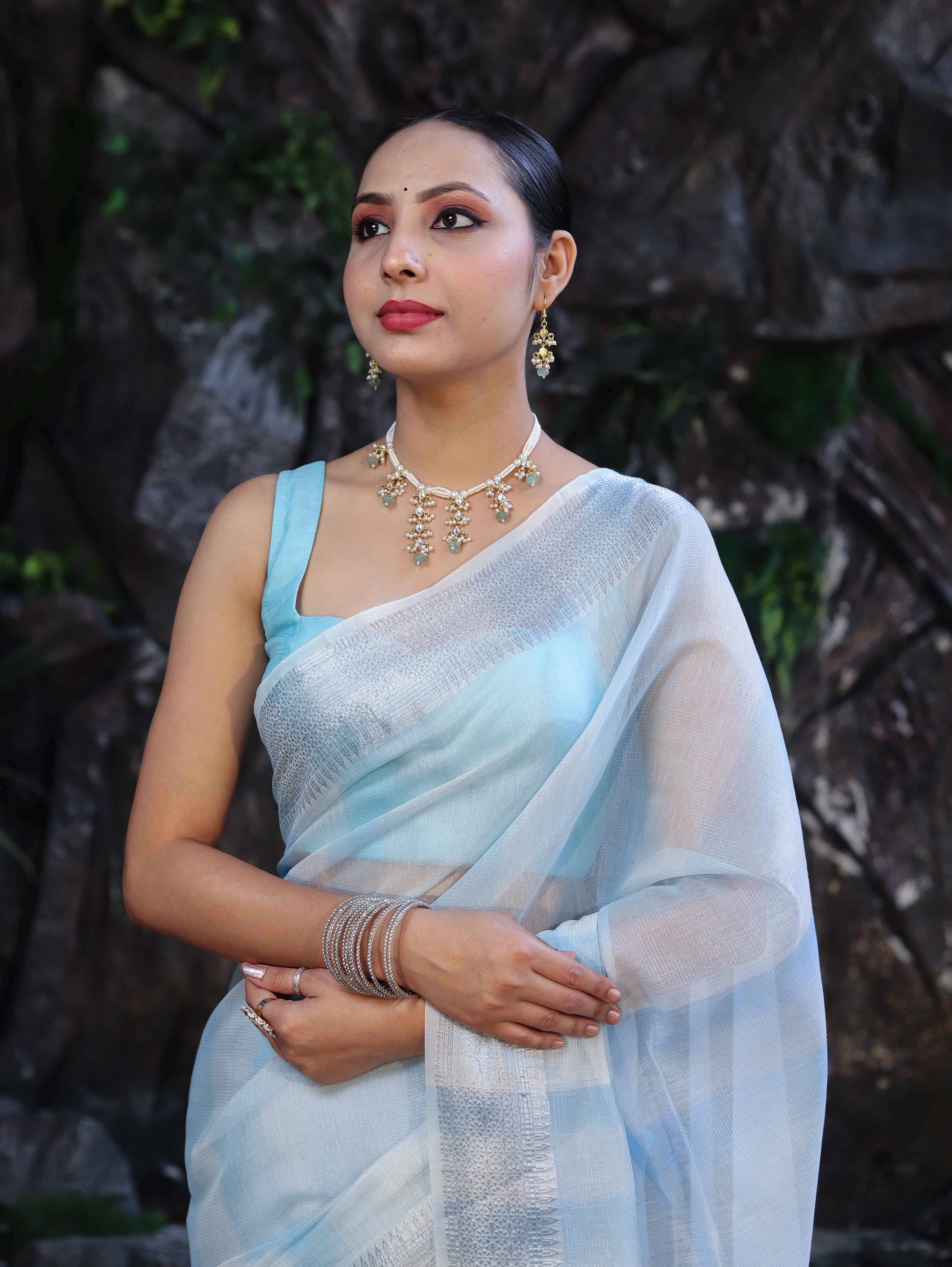 Banarasee Handloom Linen Tissue Saree With Silver Zari Stripes & Border-Light Blue