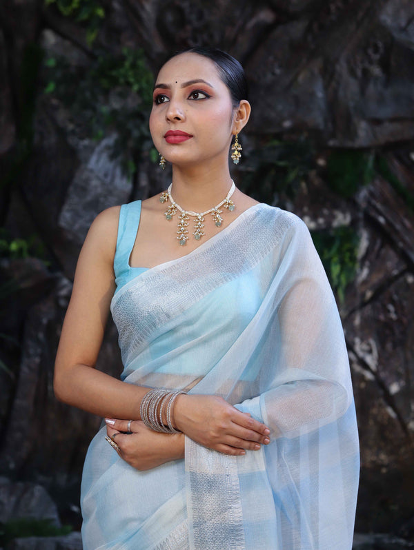 Banarasee Handloom Linen Tissue Saree With Silver Zari Stripes & Border-Light Blue