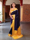 Banarasee Handwoven Semi Silk Saree With Zari Buti Design & Contrast Border-Navy Blue & Yellow