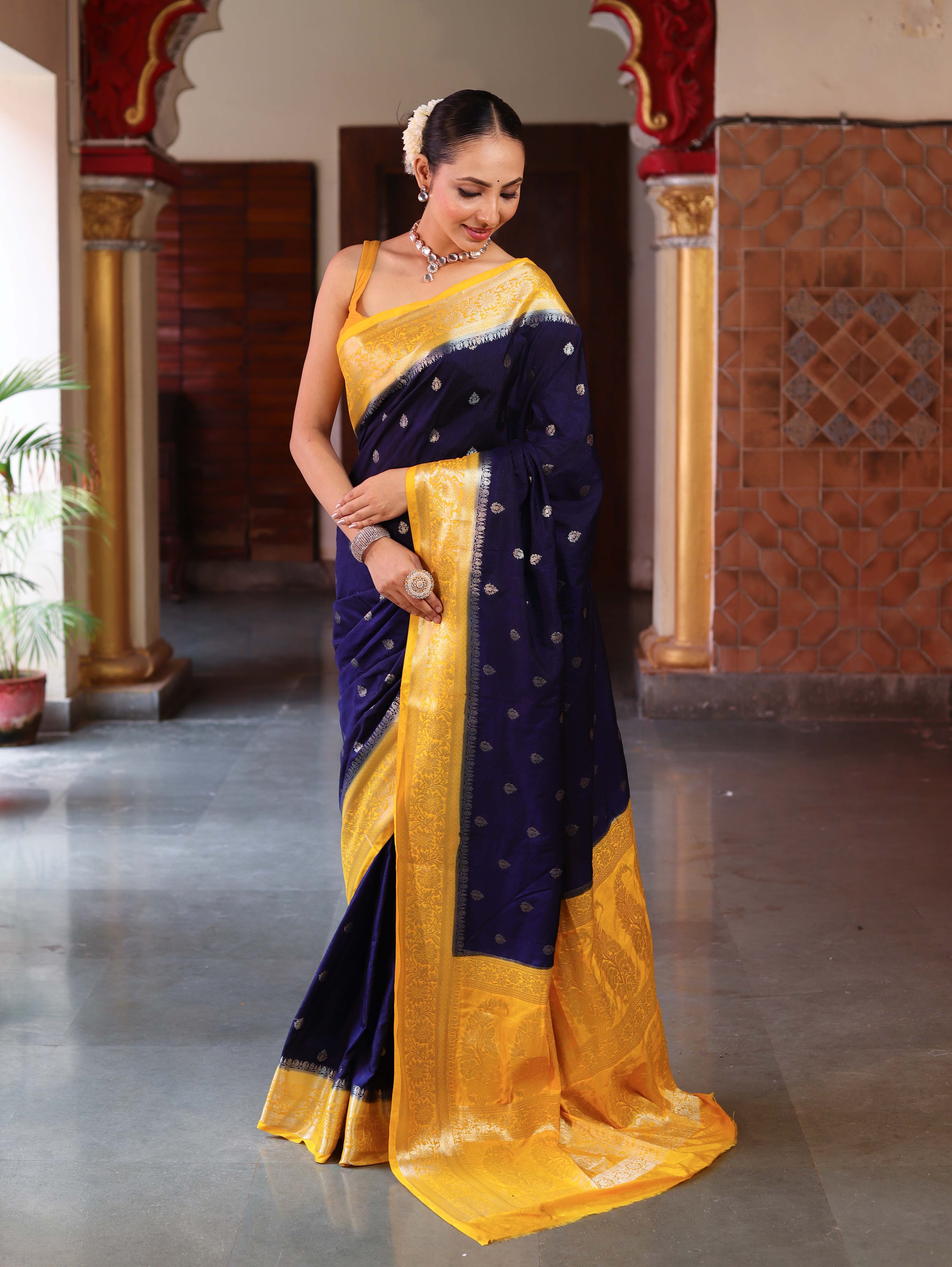 Banarasee Handwoven Semi Silk Saree With Zari Buti Design & Contrast Border-Navy Blue & Yellow