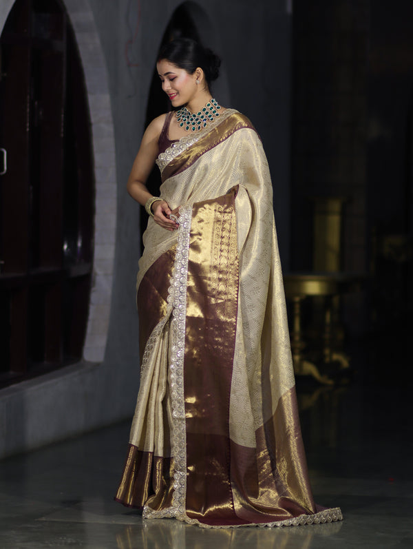 Banarasee Handwoven Tissue Saree With Zari Weaving Design Contrast Border & Lace-Beige & Brown