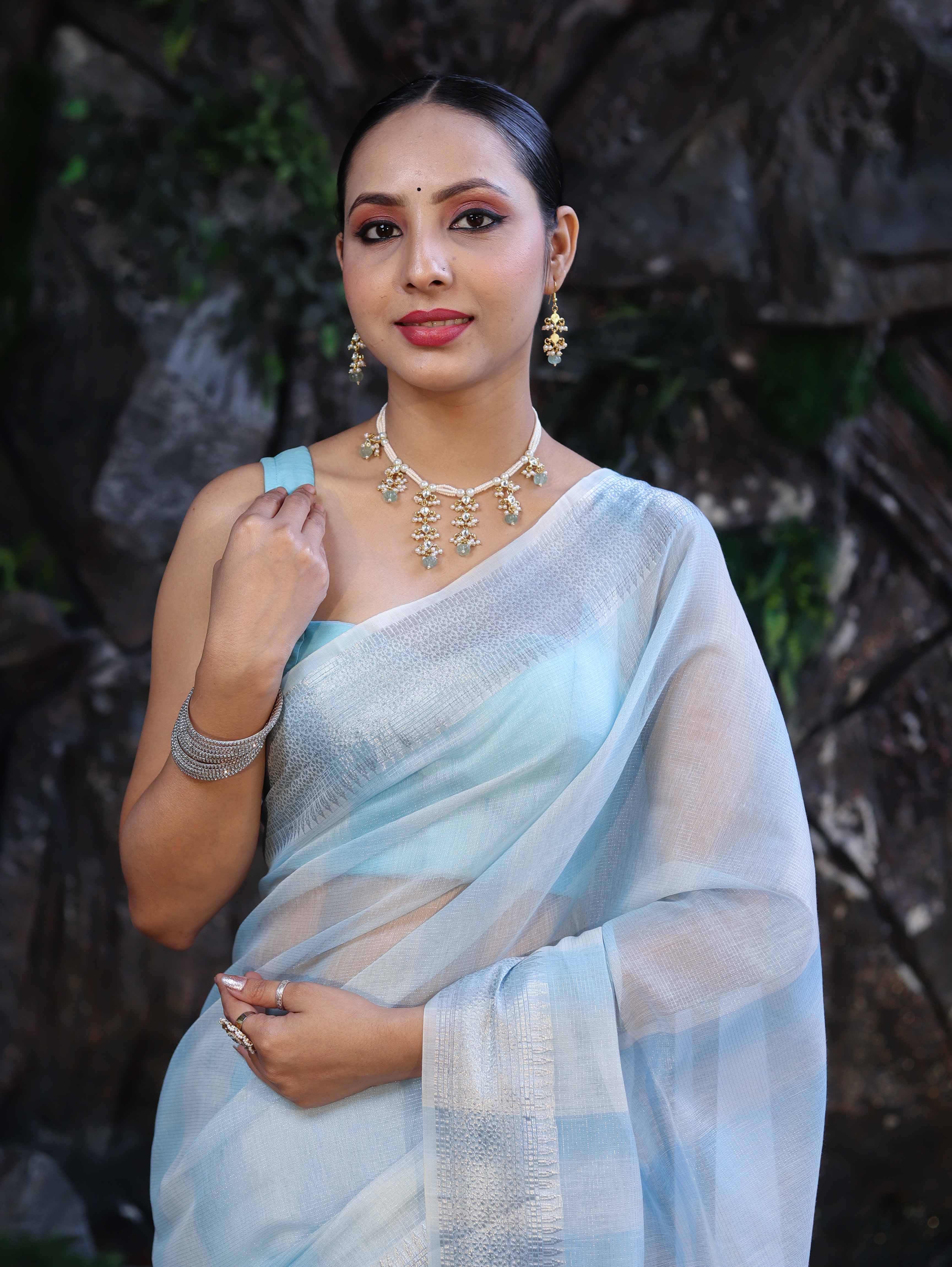 Banarasee Handloom Linen Tissue Saree With Silver Zari Stripes & Border-Light Blue