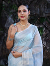 Banarasee Handloom Linen Tissue Saree With Silver Zari Stripes & Border-Light Blue