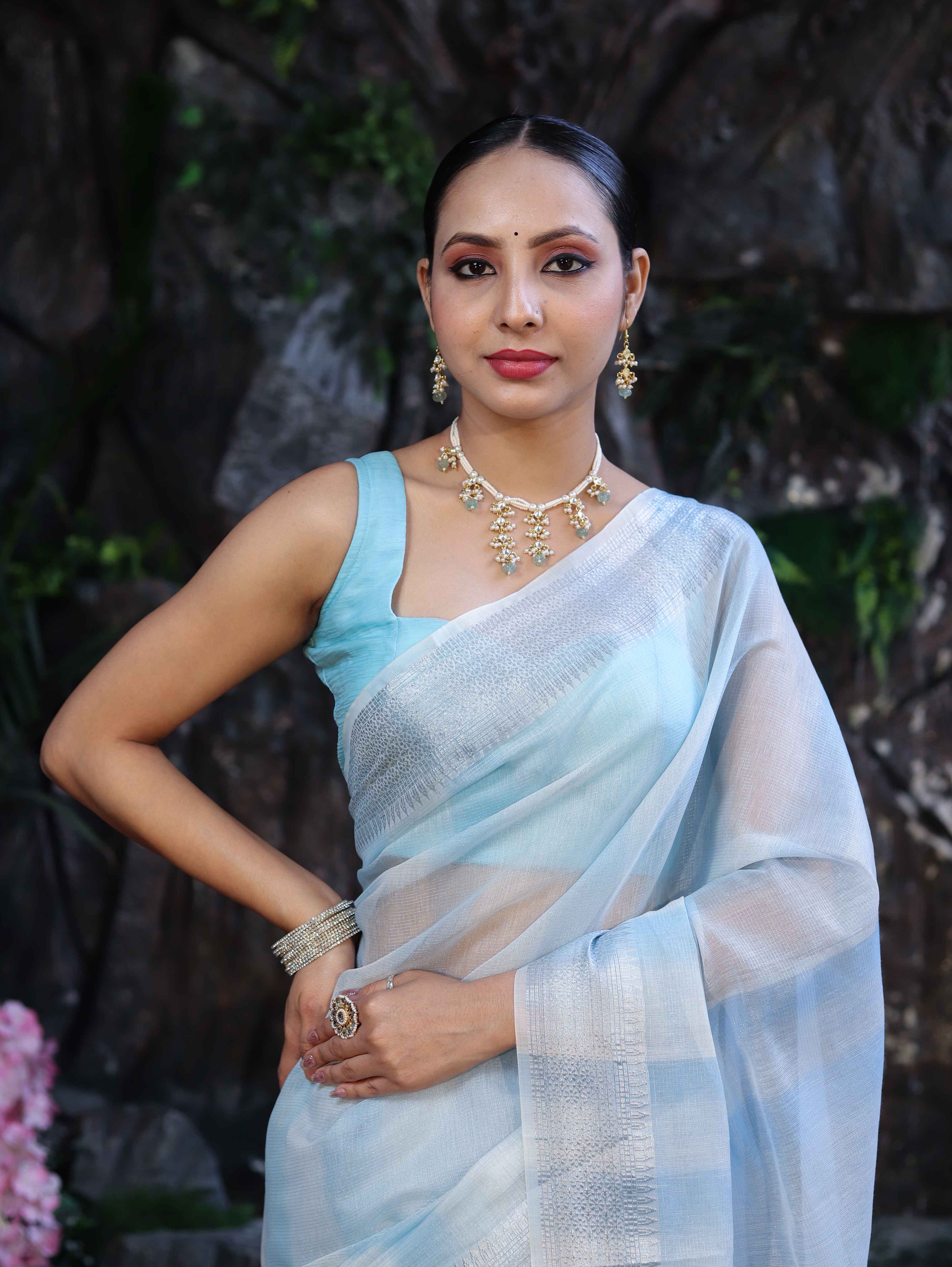 Banarasee Handloom Linen Tissue Saree With Silver Zari Stripes & Border-Light Blue