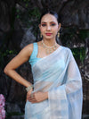 Banarasee Handloom Linen Tissue Saree With Silver Zari Stripes & Border-Light Blue