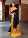 Banarasee Handwoven Semi Silk Saree With Zari Buti Design & Contrast Border-Navy Blue & Yellow