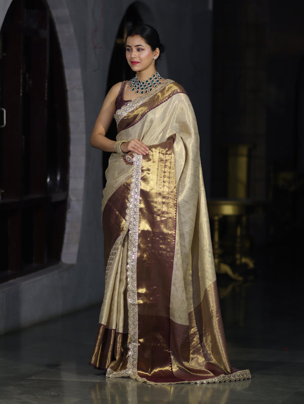 Banarasee Handwoven Tissue Saree With Zari Weaving Design Contrast Border & Lace-Beige & Brown