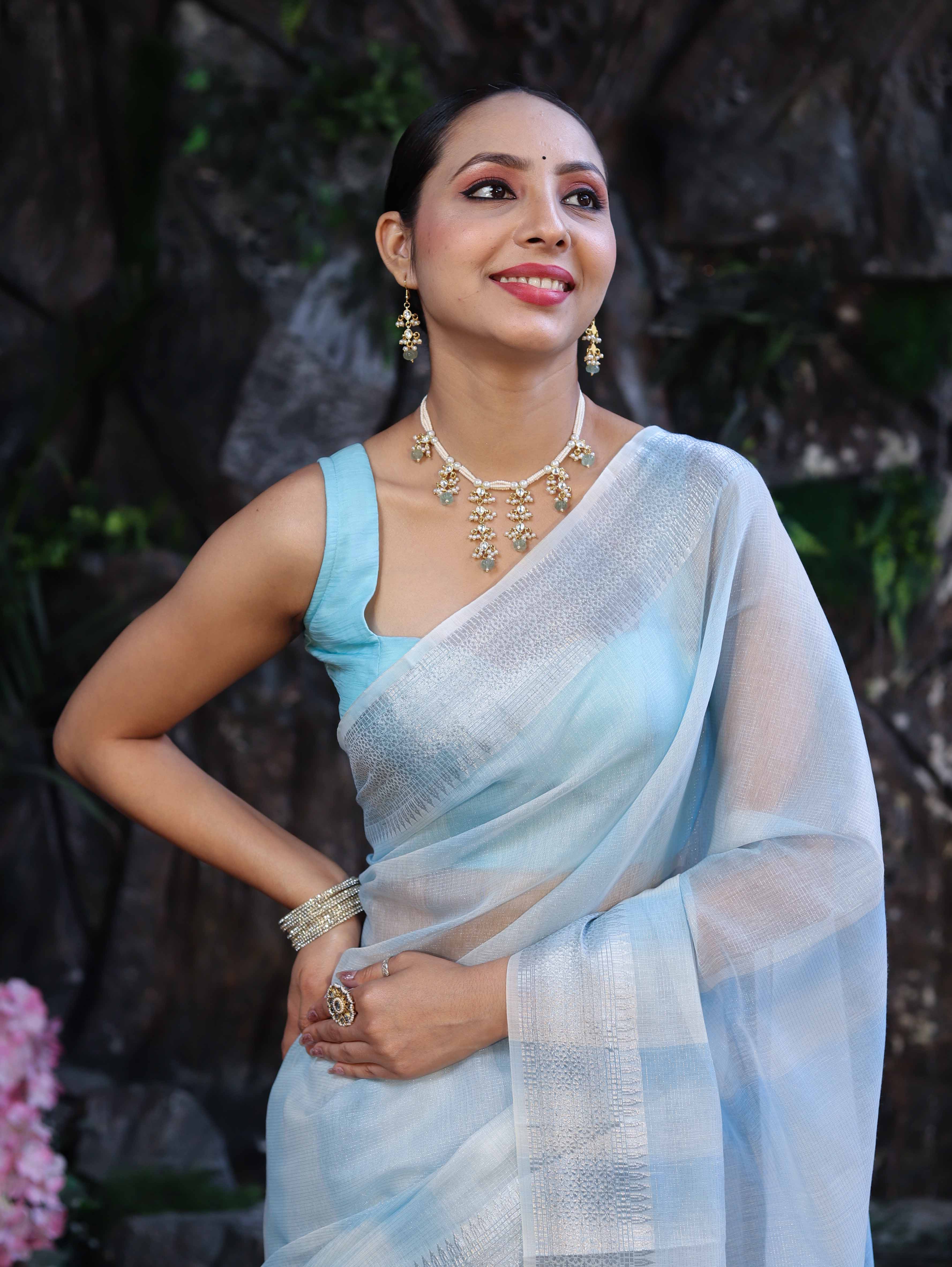 Banarasee Handloom Linen Tissue Saree With Silver Zari Stripes & Border-Light Blue