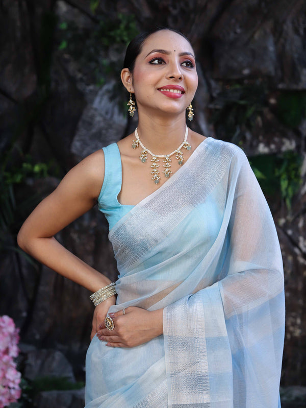 Banarasee Handloom Linen Tissue Saree With Silver Zari Stripes & Border-Light Blue