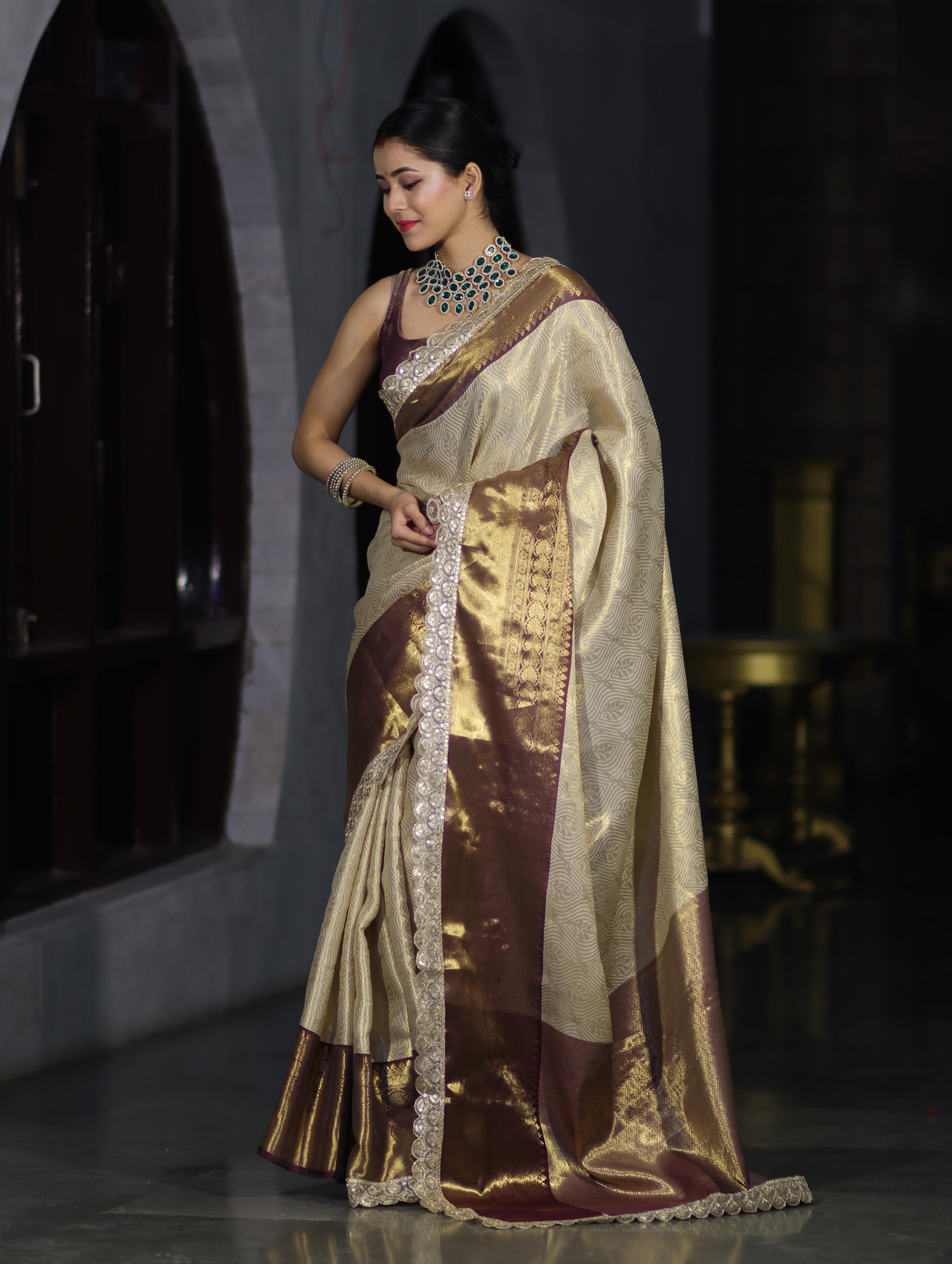 Banarasee Handwoven Tissue Saree With Zari Weaving Design Contrast Border & Lace-Beige & Brown