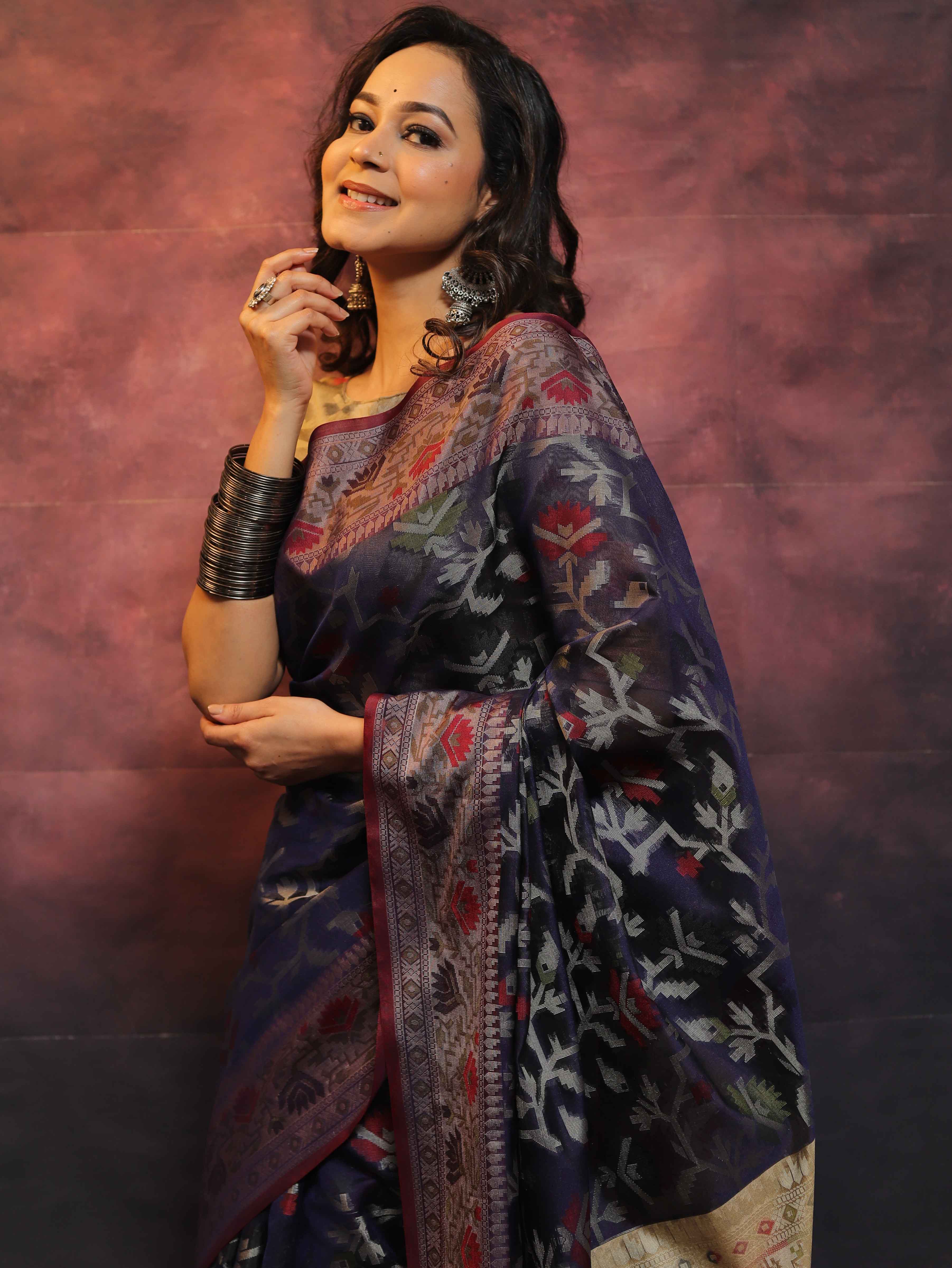 Banarasee Cotton Silk Jamdani Saree With Resham & Zari Design-Blue