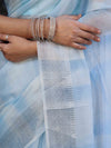 Banarasee Handloom Linen Tissue Saree With Silver Zari Stripes & Border-Light Blue