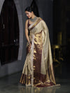Banarasee Handwoven Tissue Saree With Zari Weaving Design Contrast Border & Lace-Beige & Brown