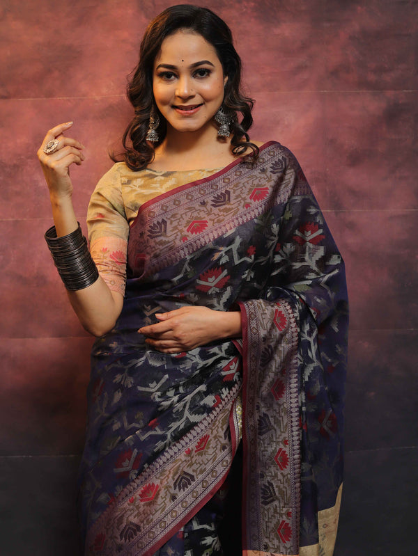 Banarasee Cotton Silk Jamdani Saree With Resham & Zari Design-Blue