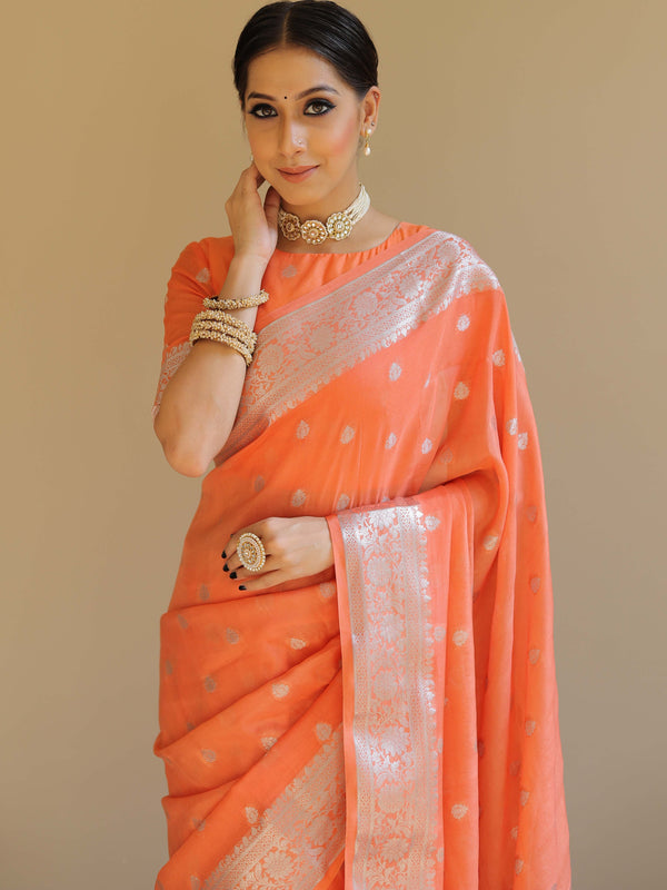 Banarasee Handwoven Semi-Chiffon Saree With Silver Zari Work-Peach