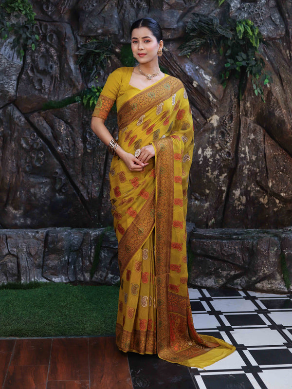 Banarasee Pure Chiffon Saree With Resham Work & Border-Lemon Yellow