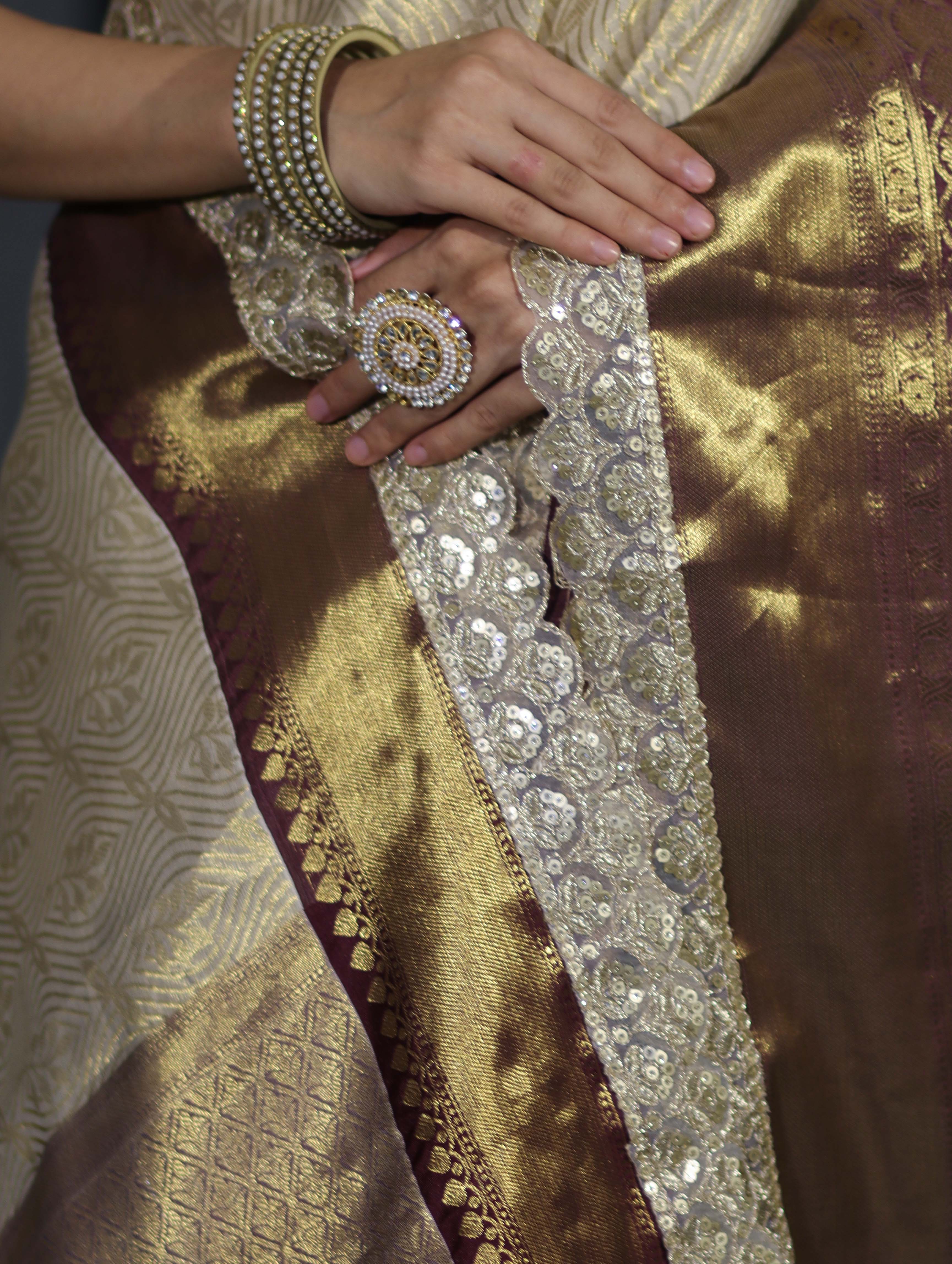 Banarasee Handwoven Tissue Saree With Zari Weaving Design Contrast Border & Lace-Beige & Brown