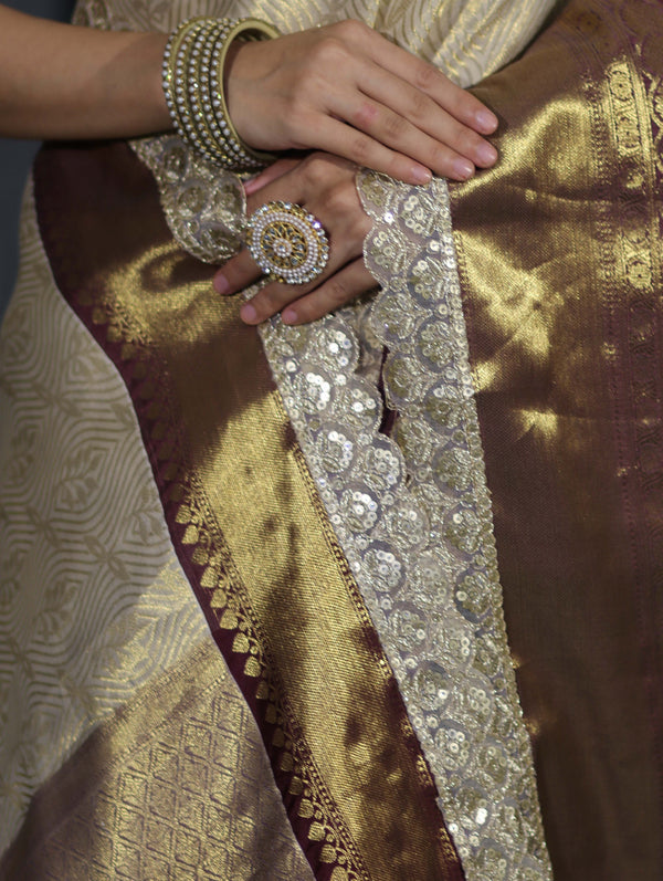 Banarasee Handwoven Tissue Saree With Zari Weaving Design Contrast Border & Lace-Beige & Brown